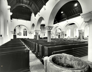 Saint Cuthbert's Bedford interior looking west in 1974